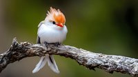 Crested exotic white bird with orange head feathers perched on textured tree branch against blurred natural background, wildlife photography composition.