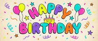 Colorful Happy Birthday text with balloons, stars, and confetti on cream background, perfect for greeting cards, invitations, and party decorations.
