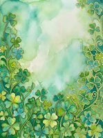Watercolor shamrock border with golden outlines on teal green background, copy space for St. Patricks Day greeting cards and posters.