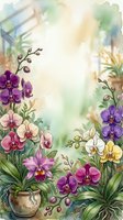 Watercolor orchid garden frame with purple, pink, yellow and white blooms, lush green leaves, soft pastel background with copy space.