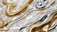 Abstract liquid metal waves in gold and silver creating flowing organic shapes with reflective surfaces and iridescent highlights for modern design projects.