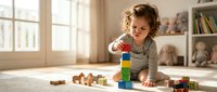 Adorable toddler girl with curly hair playing with colorful wooden building blocks on floor in bright modern living room during daytime playtime.