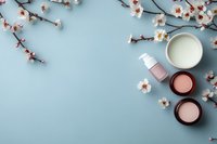 Cosmetic products and spring cherry blossom branches on light blue background. Minimal flat lay composition with copy space for beauty and skincare.