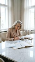 Mature woman with white hair and glasses wearing beige blazer working at marble desk with financial documents and tablet in bright office with windows.