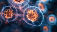 Glowing orange virus cells with blue translucent membranes floating in dark space, microscopic view of pathogen structure showing detailed cellular biology.