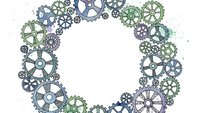Mechanical gears wreath frame with colorful cogwheels and sprockets forming circular border on white background for industrial design projects.