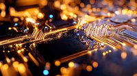 Glowing circuit board with golden light trails and bokeh effects creates futuristic technology background. Electronic pathways illuminate against dark surface.