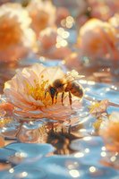 Honey bee collecting nectar from peach rose floating on water surface with magical bokeh lights and reflection. Dreamy macro photography for nature concepts.