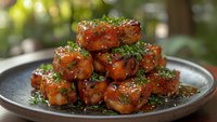 Glazed chicken bites stacked on ceramic plate, garnished with fresh herbs and sesame seeds, coated in sweet and savory Asian-inspired sauce for appetizer menu.