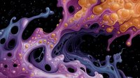 Cosmic abstract fluid art in purple, orange and blue colors with organic bubble shapes on black background creates mesmerizing galaxy-like pattern.