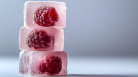 Fresh raspberries frozen in ice cubes stacked vertically, creating a translucent pink effect against a neutral background for summer drinks and cocktails.