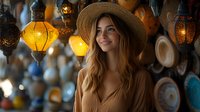 Young Caucasian woman in straw hat smiling at oriental bazaar with glowing lanterns and traditional pottery in background. Warm atmospheric lighting creates cozy mood.