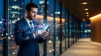 Professional businessman using smartphone with digital network connections overlay in modern office corridor at night.