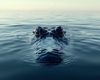 Alligator head partially submerged in calm water at dusk, creating ripples as it silently observes from the surface.