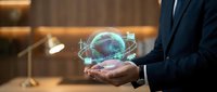 Businessman holding holographic Earth globe with digital network connections in modern office environment for global business and technology concepts.