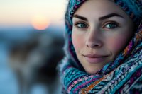 Young Middle Eastern woman wearing colorful traditional hijab scarf smiles serenely at sunset, close-up portrait highlighting bright blue eyes and peaceful expression.