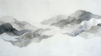 Soft watercolor mountain landscape in muted gray tones, minimalist ink wash style evoking misty peaks and serene nature for wall art.