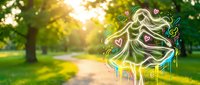 Young woman with flowing hair surrounded by colorful swirls and hearts in sunny park setting with golden light filtering through green trees and pathway.