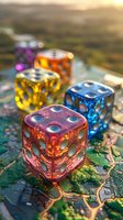 Colorful translucent dice on vintage map with warm sunset lighting creating magical gaming atmosphere for tabletop adventures and strategic gameplay.