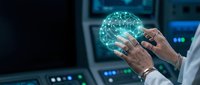 Medical professional examining holographic brain model in modern laboratory with digital technology interface for neurological research and diagnosis.