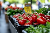 Fresh red tomatoes displayed in black crates at farmers market with green vegetables in background. Organic produce shopping and healthy eating concept.