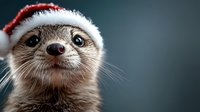 Adorable meerkat wearing red and white Santa hat against dark background, close-up portrait showing curious expression and characteristic facial features.