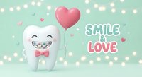 Happy tooth character with braces holding pink heart balloon on mint background with fairy lights for dental care and orthodontic treatment concepts.