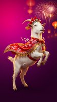 Festive goat in traditional red costume with golden ornaments dancing against purple background with fireworks and lanterns for celebration designs.