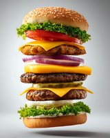 Exploded view of giant burger with multiple patties, cheese slices, fresh vegetables and sesame seed bun against gray background.