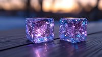 Glowing magical cubes with purple and blue sparkles on dark wooden surface at sunset, mystical crystal dice with ethereal light effects and cosmic patterns.