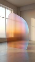 Iridescent glass panel with holographic gradient colors standing in a sunlit minimalist room with concrete floor and soft shadows.