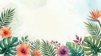 Watercolor tropical floral border with hibiscus, bird of paradise, and palm leaves on a light background with copy space.