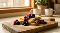 Delicious homemade crepes with fresh berries and jam on wooden board in cozy kitchen setting with warm natural lighting for breakfast menu design.