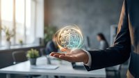Professional businessman holding glowing digital globe with network connections in modern office environment showcasing global business technology solutions.