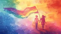 Silhouettes of couple holding hands and flag walking through vibrant rainbow colored sky with flowing ribbons and magical sparkles in surreal dreamlike landscape.