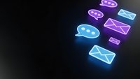 Glowing neon communication icons including email envelopes and chat bubbles floating on dark background for digital marketing and messaging concepts.
