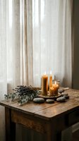 Cozy spa arrangement with burning candles, lavender, eucalyptus and smooth stones on rustic wooden table near window for relaxation and wellness.
