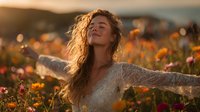 Young woman with long curly hair enjoying golden hour sunset in colorful flower field with arms outstretched, expressing freedom and joy in nature.