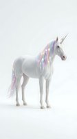 White unicorn with pastel rainbow mane and tail, silver horn, isolated on white background. Suitable for children's designs, fantasy graphics, and creative projects.