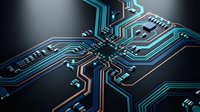 Futuristic circuit board with glowing blue and orange pathways, electronic components and microchips on dark background for technology concepts.