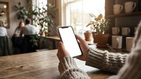 Woman in cozy knit sweater holding smartphone with blank white screen in warm rustic kitchen interior with natural lighting and plants.