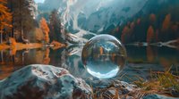 Crystal ball on rocky shore reflecting autumn mountain landscape with colorful trees and calm lake water in alpine setting.