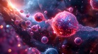 Microscopic view of glowing red cell structure in cosmic-like environment with floating spherical particles against purple and blue nebula background.