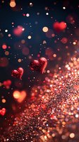Sparkling red glitter hearts floating with golden bokeh lights on dark background for romantic Valentine's Day celebration and love themed designs.