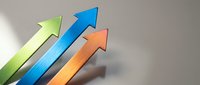 Colorful upward pointing arrows showing growth, progress and success trends on neutral background for business presentations and financial reports.