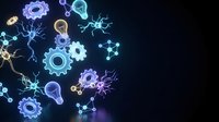 Glowing neon gears and molecular structures floating against dark background, representing technology, innovation, and digital connectivity for web design and scientific presentations.