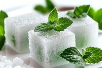 Frozen mint leaves in ice cubes create refreshing summer drink garnish, close up view with selective focus on bright white background. Suitable for beverage photography.