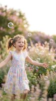 Happy young girl with curly blonde hair playing with soap bubbles in blooming garden during golden hour sunset light wearing floral dress.