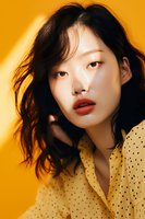 Young Asian woman with red lipstick wearing polka dot yellow blouse against vibrant orange background, dramatic lighting creates artistic portrait with flowing dark hair.