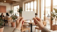 Hands holding blank white card in modern cafe interior with warm lighting and blurred background for mockup design presentations and branding materials.